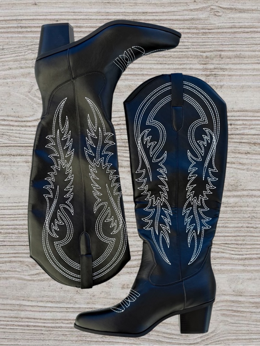 SHEIN Black Faux Leather Embroidered Flame/Leaf Knee-High Western Boots CN40/8 - Picture 2 of 9